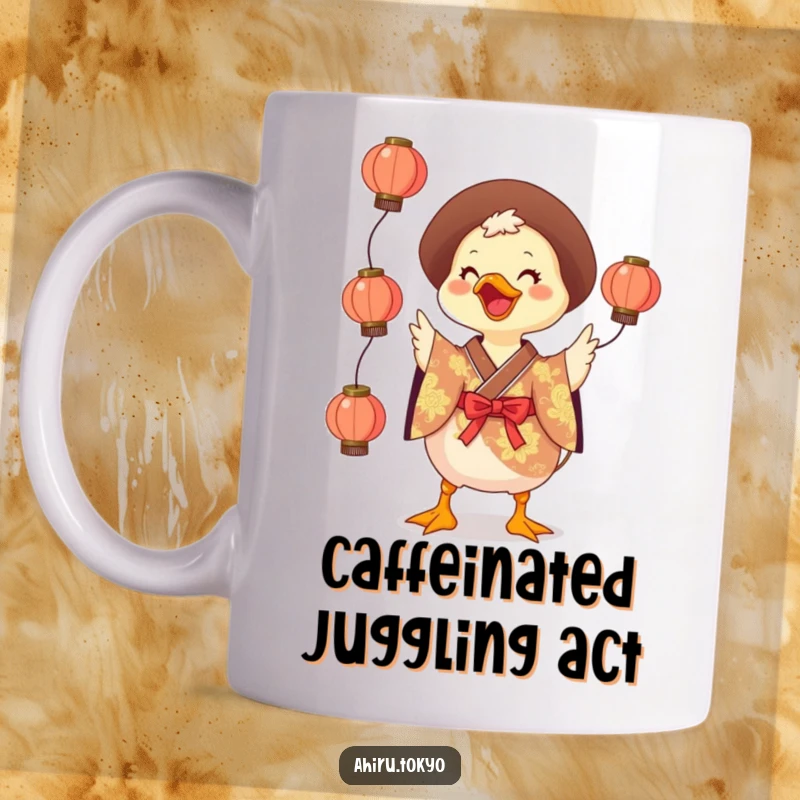 Funny Juggling Duck Mug: A happy duck dressed in a colorful kimono playfully juggles three glowing lanterns with a cheerful grin.