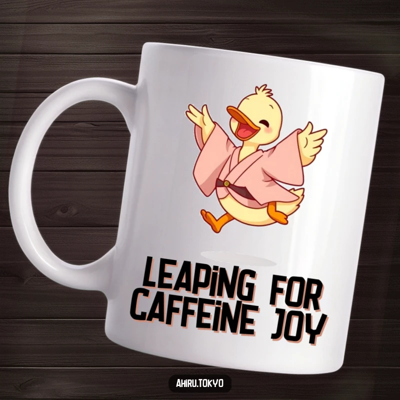 Funny Leaping Duck Mug: A happy duck in a flowing kimono performs an energetic, cheerful leap, full of dynamic humor.