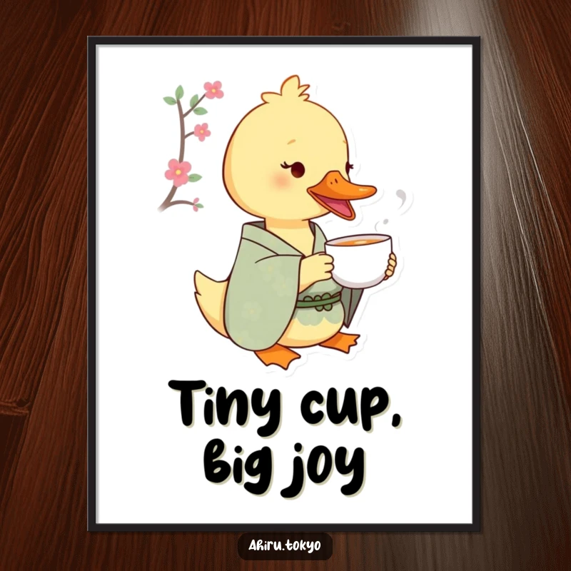Funny Tea Sipping Duck Digital Art Print: A duck in a patterned kimono delicately sips tea from a tiny cup, exuding peaceful delight and humor.
