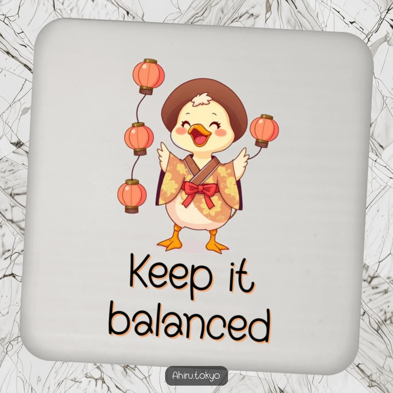 Funny Juggling Duck Coaster: A duck in a colorful kimono juggles lanterns, providing humorous table protection with a vibrant design.