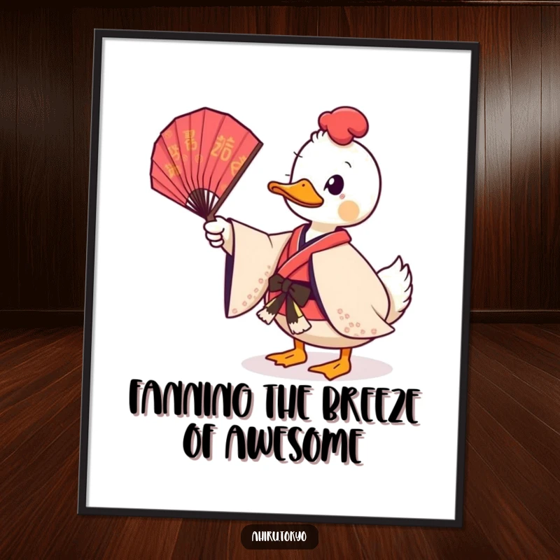 Funny Free Printable Wall Art: A duck in a ceremonial kimono playfully twirls a decorative fan, creating a scene of motion and grace.