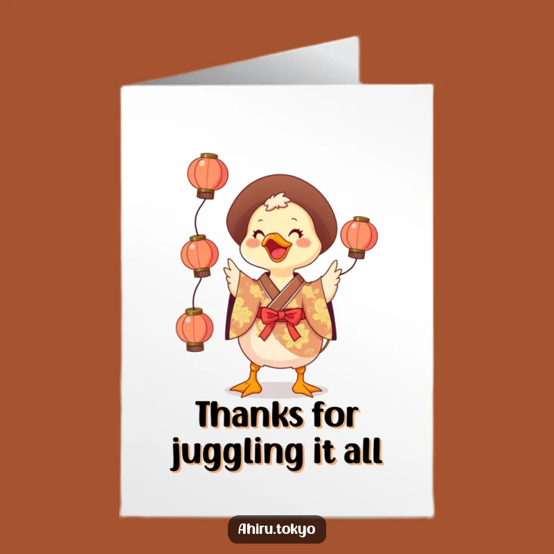 Free Printable Thank You Card: Juggling Kimono Duck - Funny Downloadable Gift!