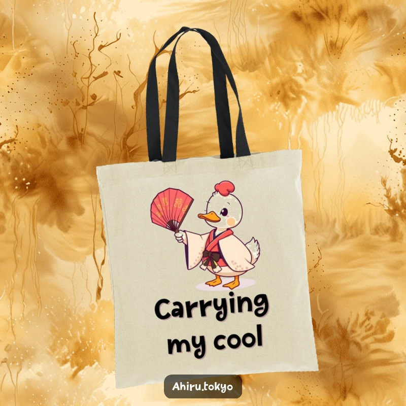 Funny Twirling Fan Duck Tote Bag: A duck in a ceremonial kimono playfully twirls a fan, a perfect, humorous accessory for daily outings.
